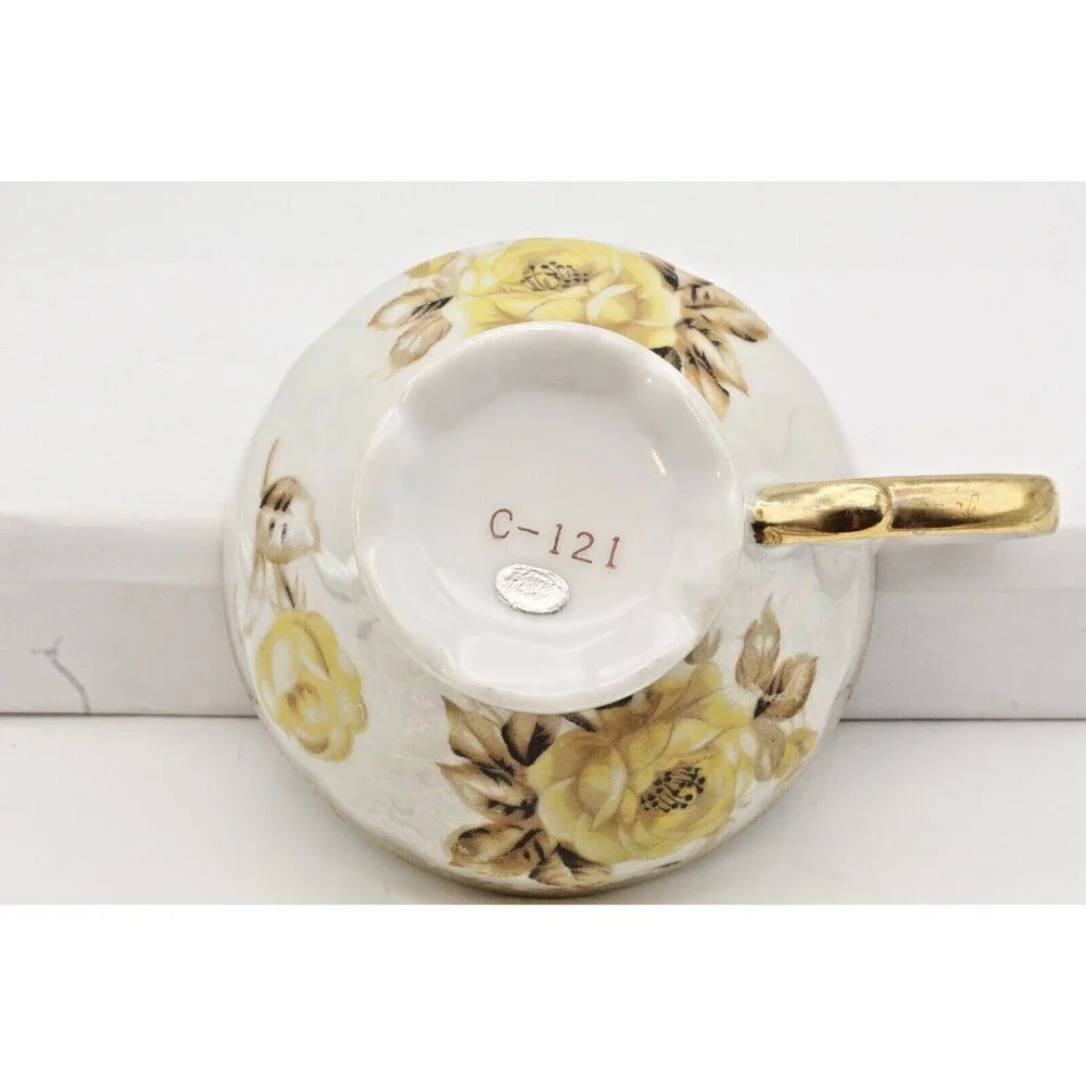 Lusterware Yellow Rose Tea Cup and Saucer Set Reticulated Hearts Japan Vintage